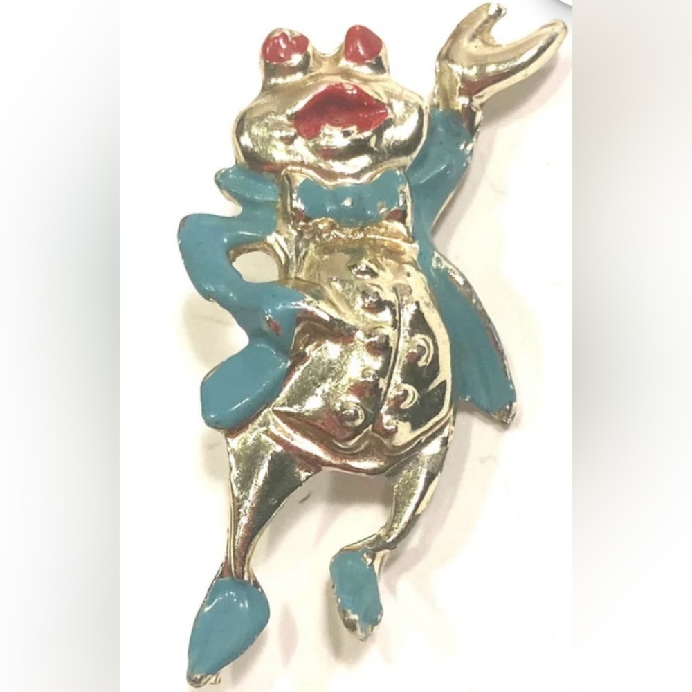Vintage Anthropomorphic Green Enamel The Singing Mr. Frog Brooch Pin